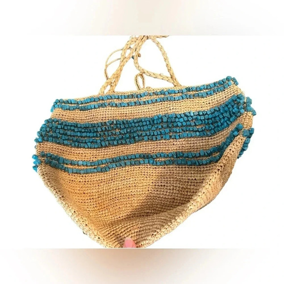 J. Crew Woven Straw Turquoise Stone Detail Tote Bag - Picture 5 of 6